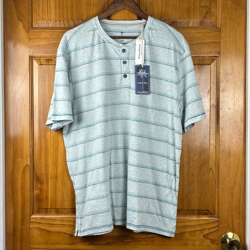 NWT Tommy Bahama Indigo Palms Mens Lg Green Striped Organic Cotton Henley Shirt